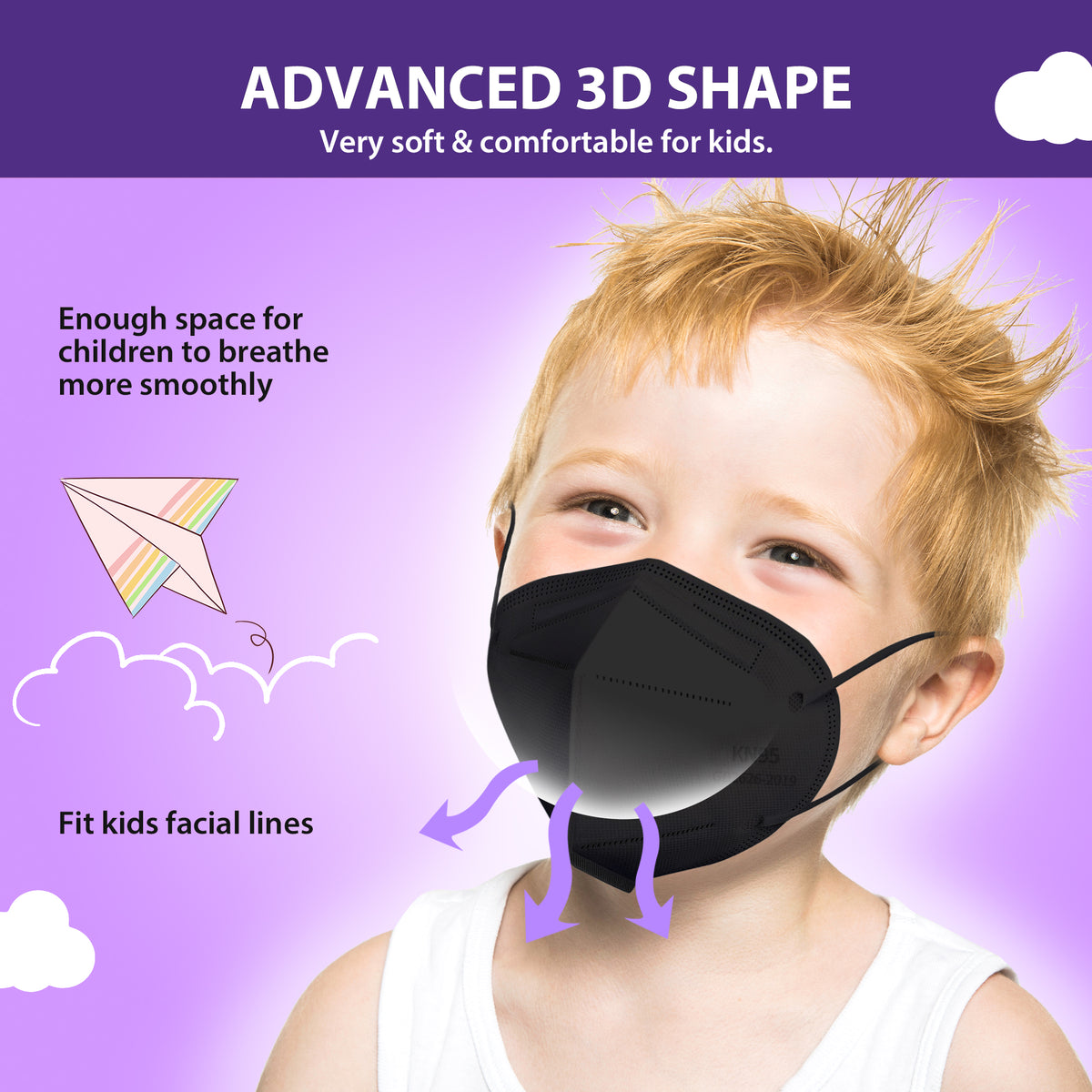 Kids KN95 Face Mask Black, Disposable Use 30pcs/box, 5-Layer Protective Face Mask for children, 30pcs/150pcs/300pcs/600pcs