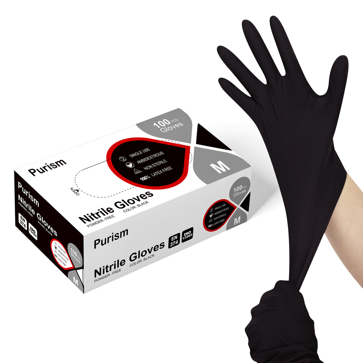 Purism Black Nitrile Gloves, 4mil Size S/M/L/XL, 100 pcs/box,1000pcs/carton, Powder-free, Latex free, Free shipping to US
