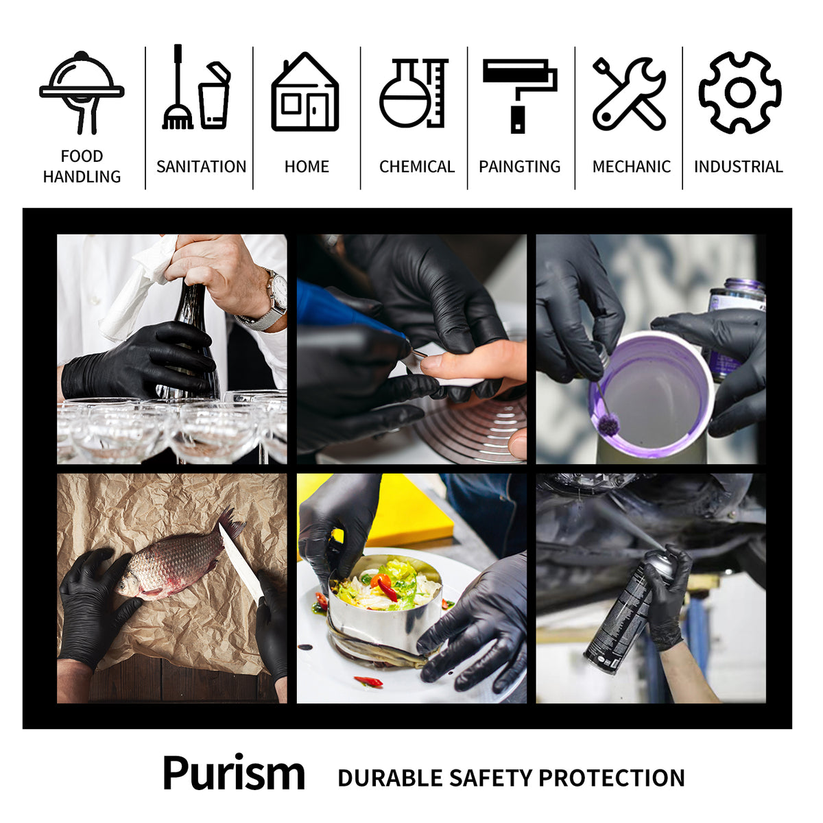 Purism Black Nitrile Gloves, 4mil Size S/M/L/XL, 100 pcs/box,1000pcs/carton, Powder-free, Latex free, Free shipping to US
